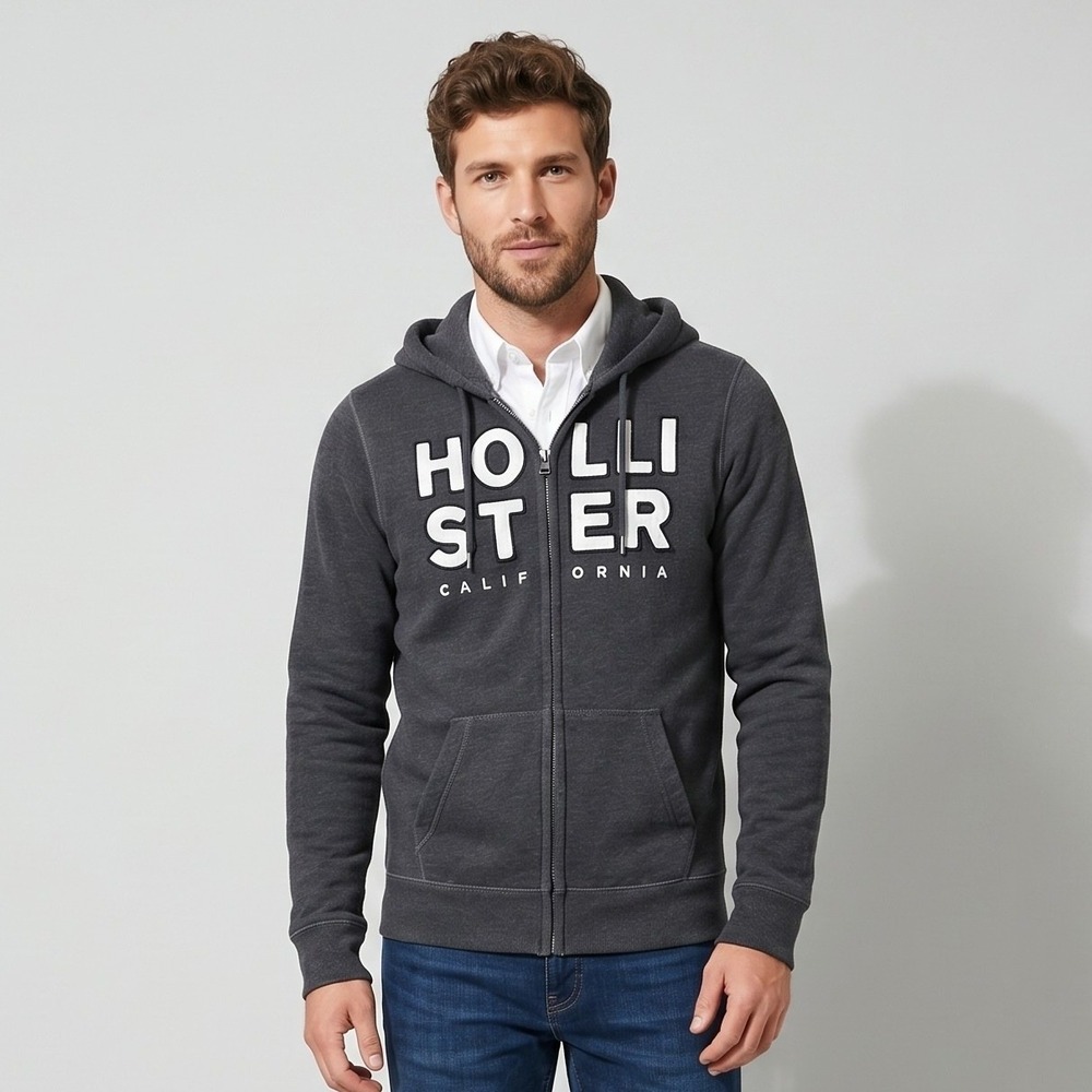Hollister Mens Medium Grey Hoodie Full Zip California Logo Heathered Fleece